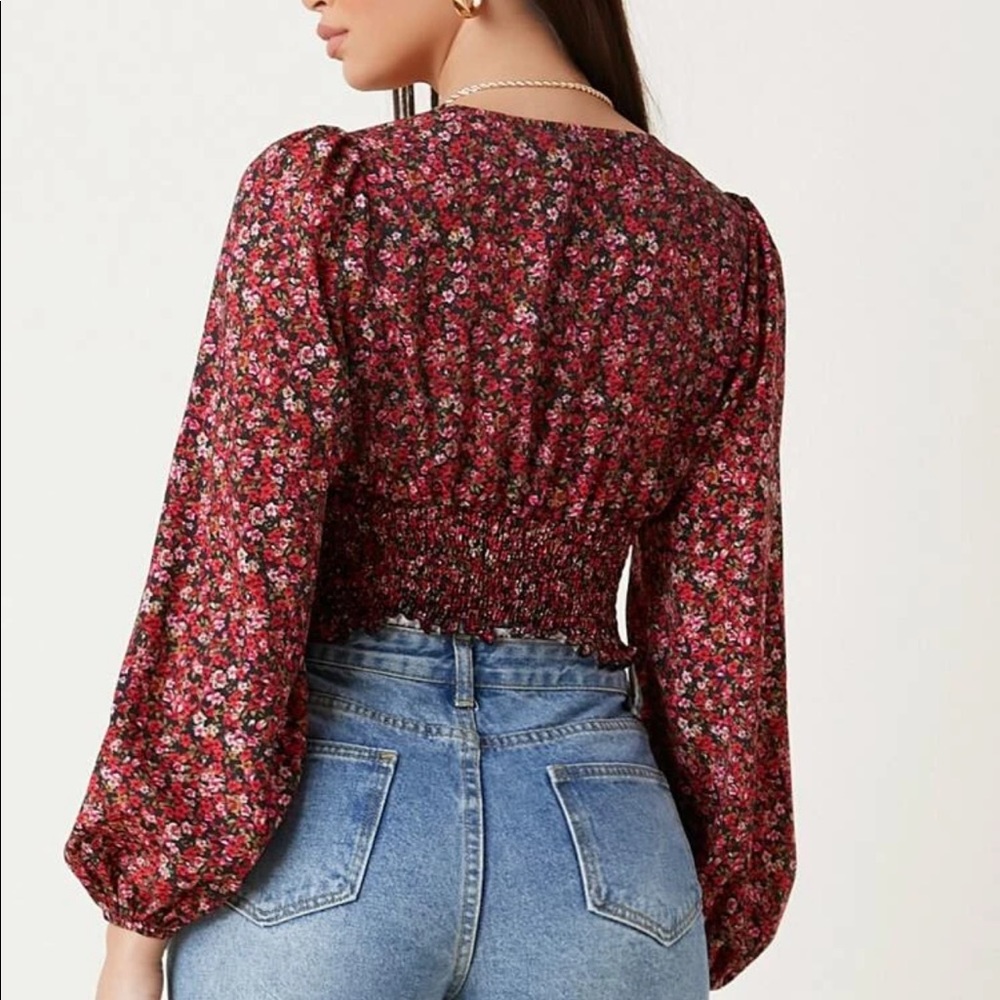 Shirred floral crop top boho gypsy print burgundy - Picture 2 of 3